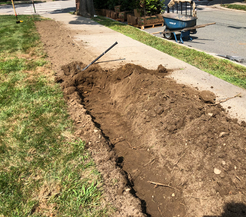 Open trench revealing the second step in the InstantHedge® planting process, with tools on hand for placing the hedge units.