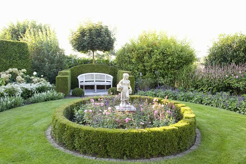 53692-thuja-arborvitae-hedge-low-border-tall-privacy-formal-knot-garden-cottage-bench-sculpture-statue-flower-border-summer